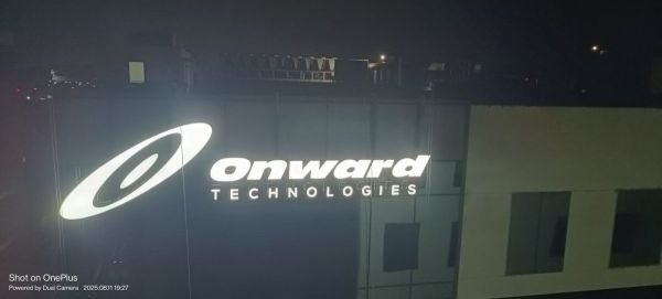 Tall illuminated pylon sign installed at a commercial property in Chennai