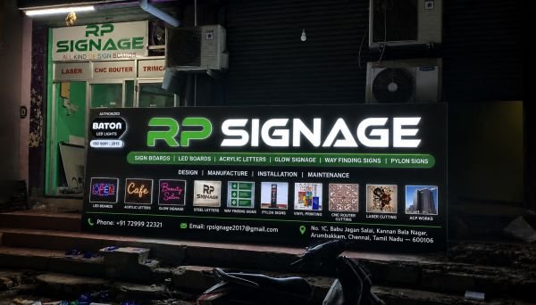 RP Signage Chennai — illuminated LED sign board displaying sign boards, LED boards, acrylic letters, glow signage, way finding signs and pylon signs